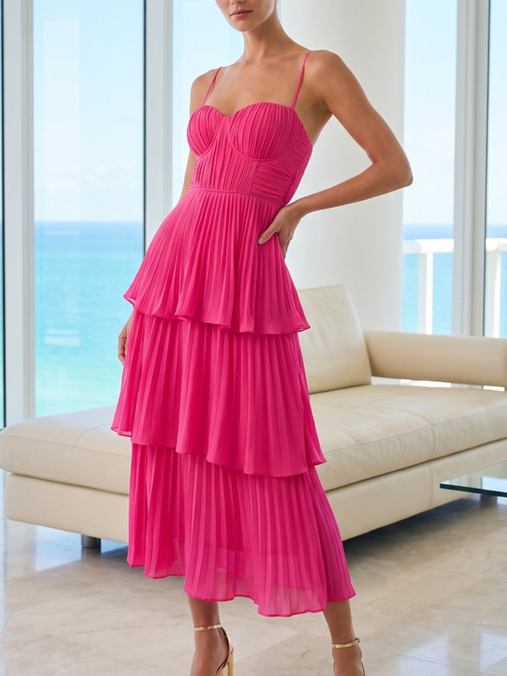 NWT LULUS Cascading Crunch hot pink bustier plisse dress S